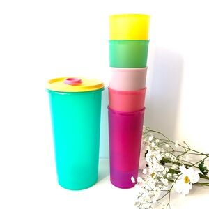 Tupperware Tumblers & Mega W/ Lid 16oz Drinking Glass NOS Set 7 USA Stackable